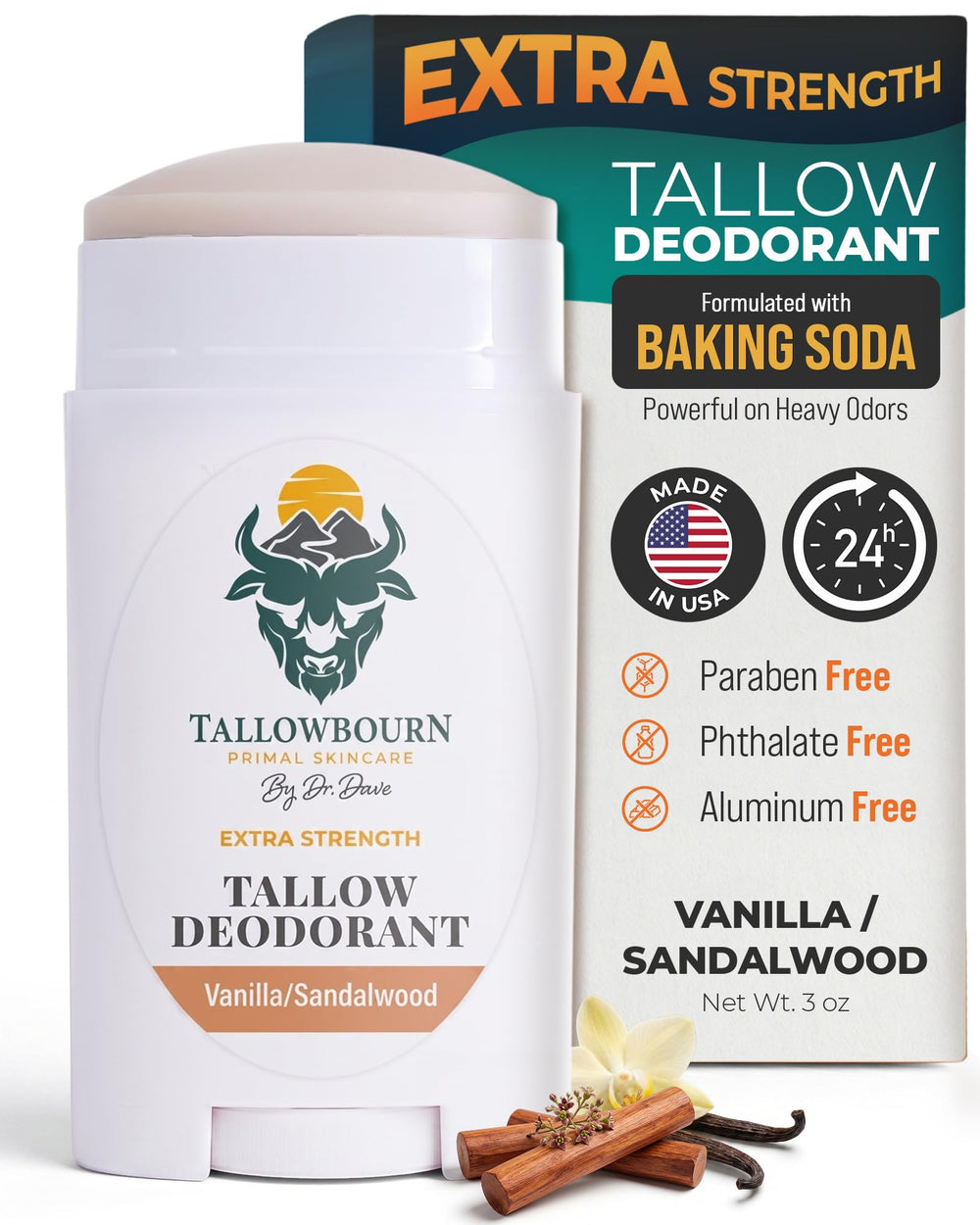 Tallowbourn front label showing vanilla and sandalwood scent benefits