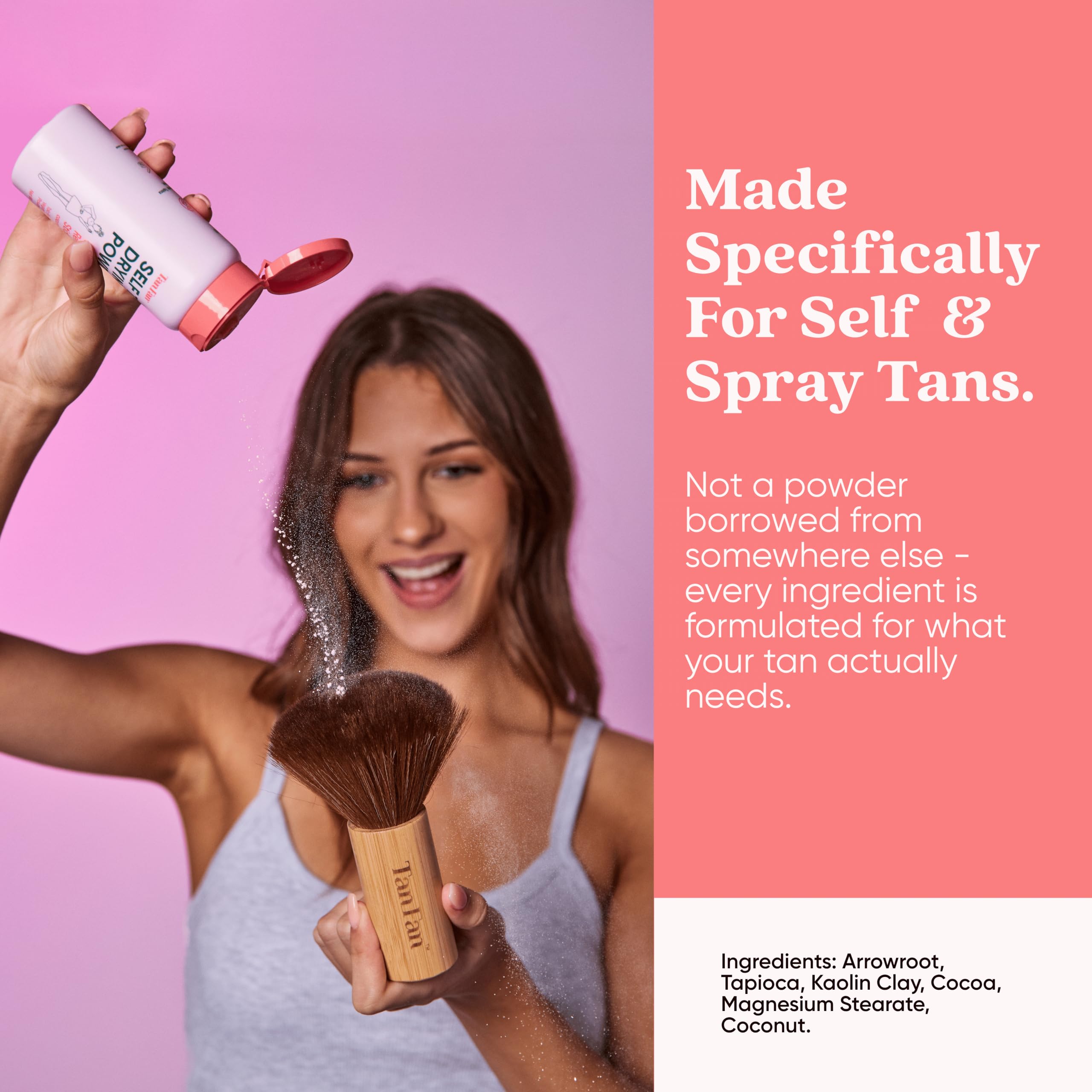 Tan Fan in-use on legs with brush, providing quick dry feeling and even coverage