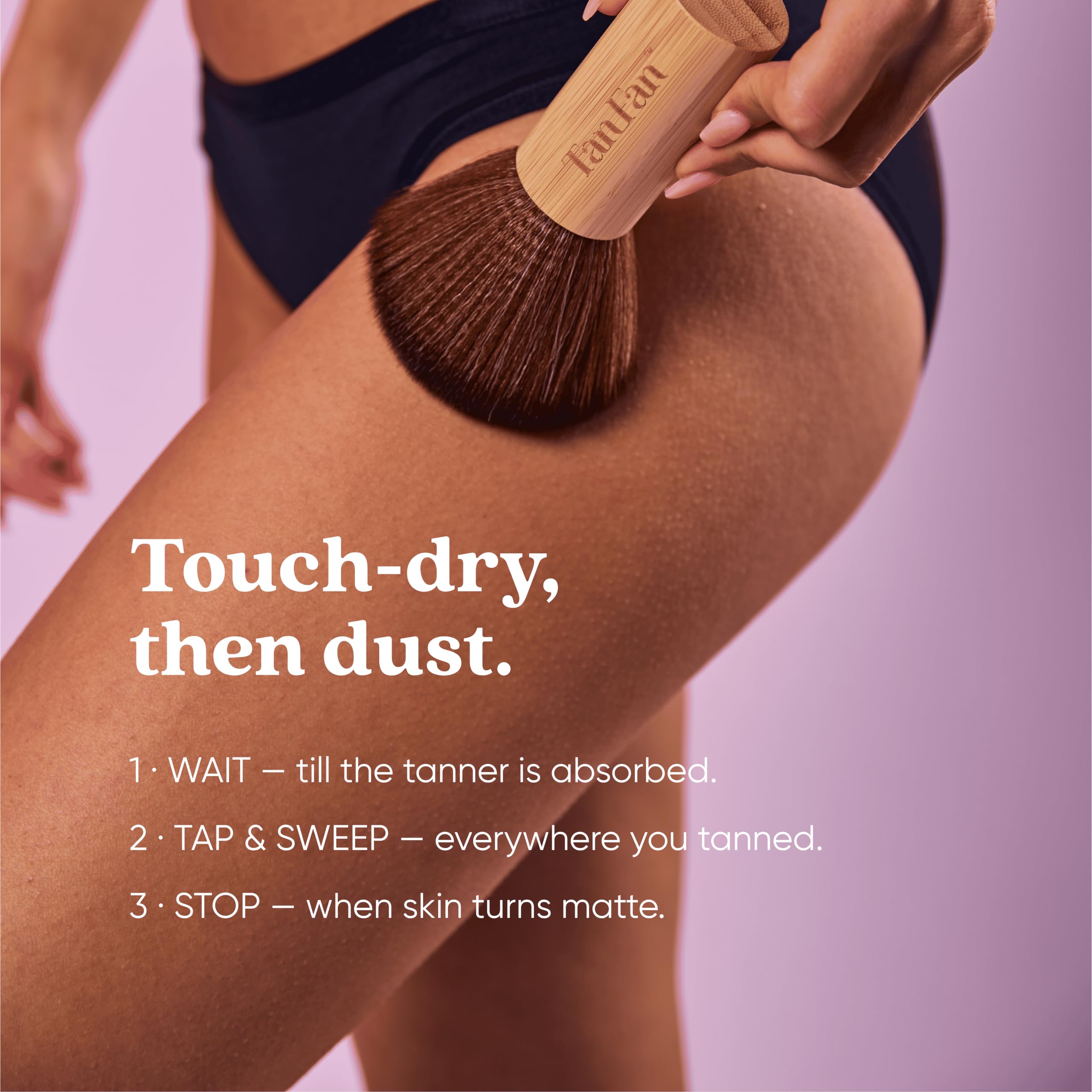 Tan Fan open tub revealing loose powder, highlighting lightweight absorbent formula