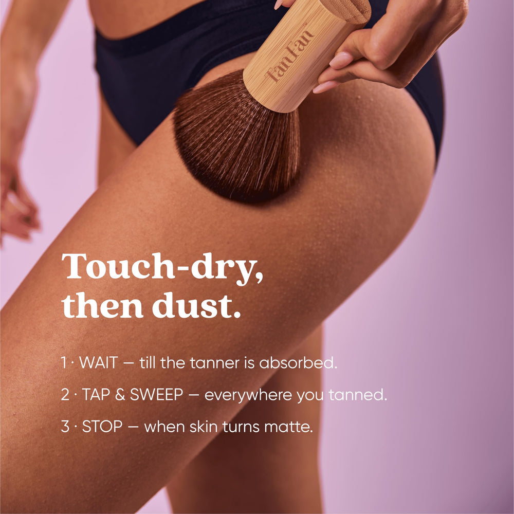 Tan Fan open tub revealing loose powder, highlighting lightweight absorbent formula