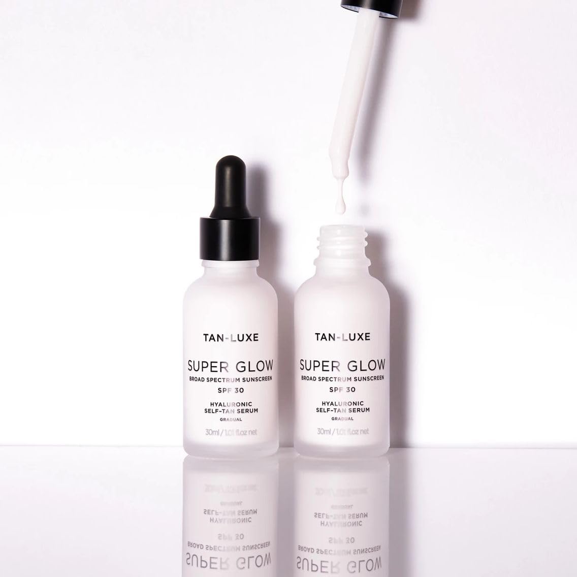 TAN-LUXE lifestyle bathroom vanity scene showing daily skincare ritual benefit