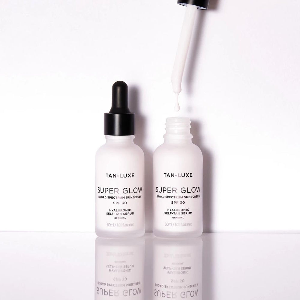 TAN-LUXE lifestyle bathroom vanity scene showing daily skincare ritual benefit