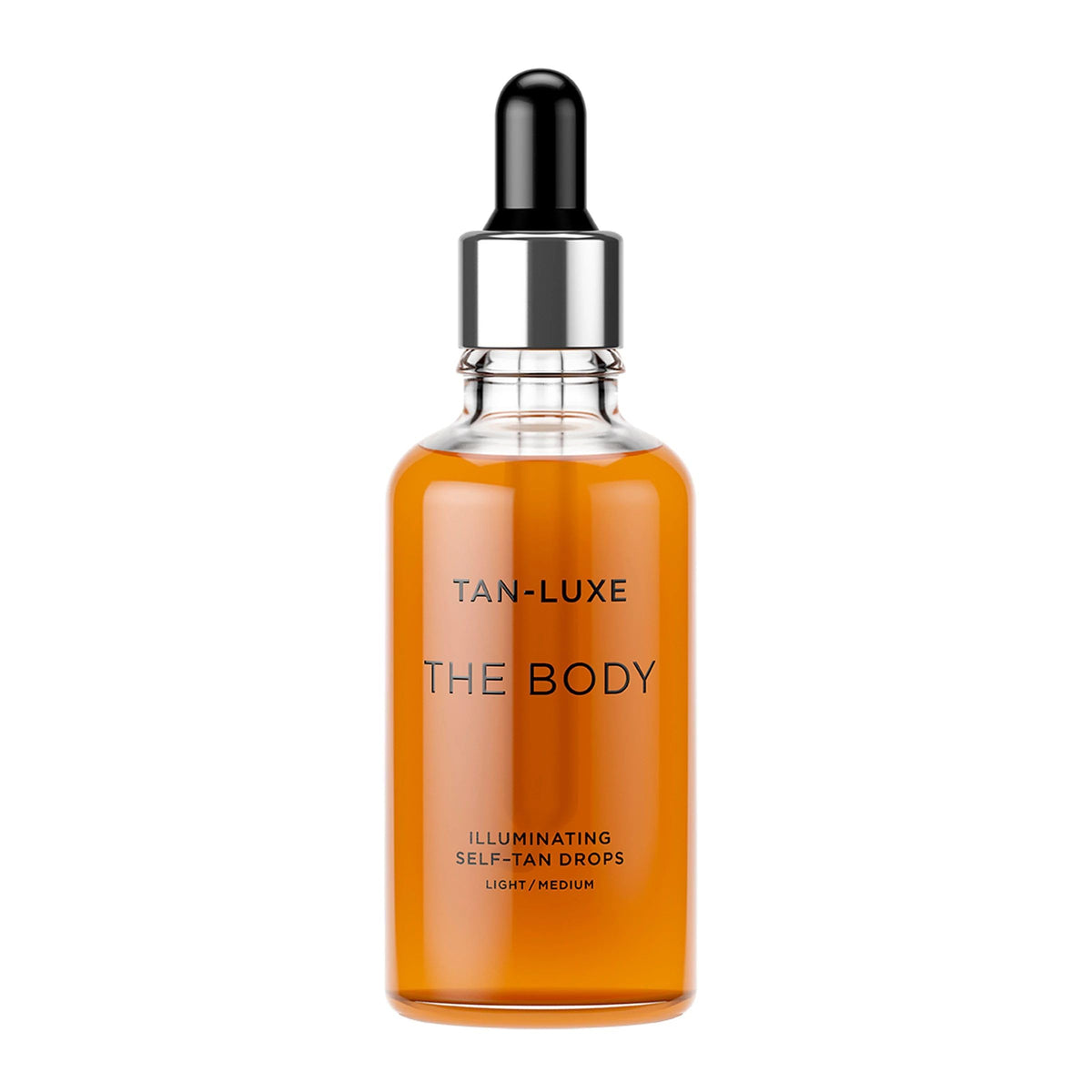TAN-LUXE bottle front packaging showing product and shade details, enhances routine