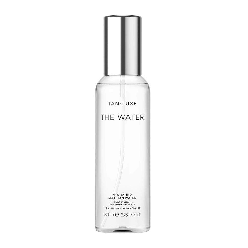 TAN-LUXE front packaging showing clear hydrating tanning water for a natural glow