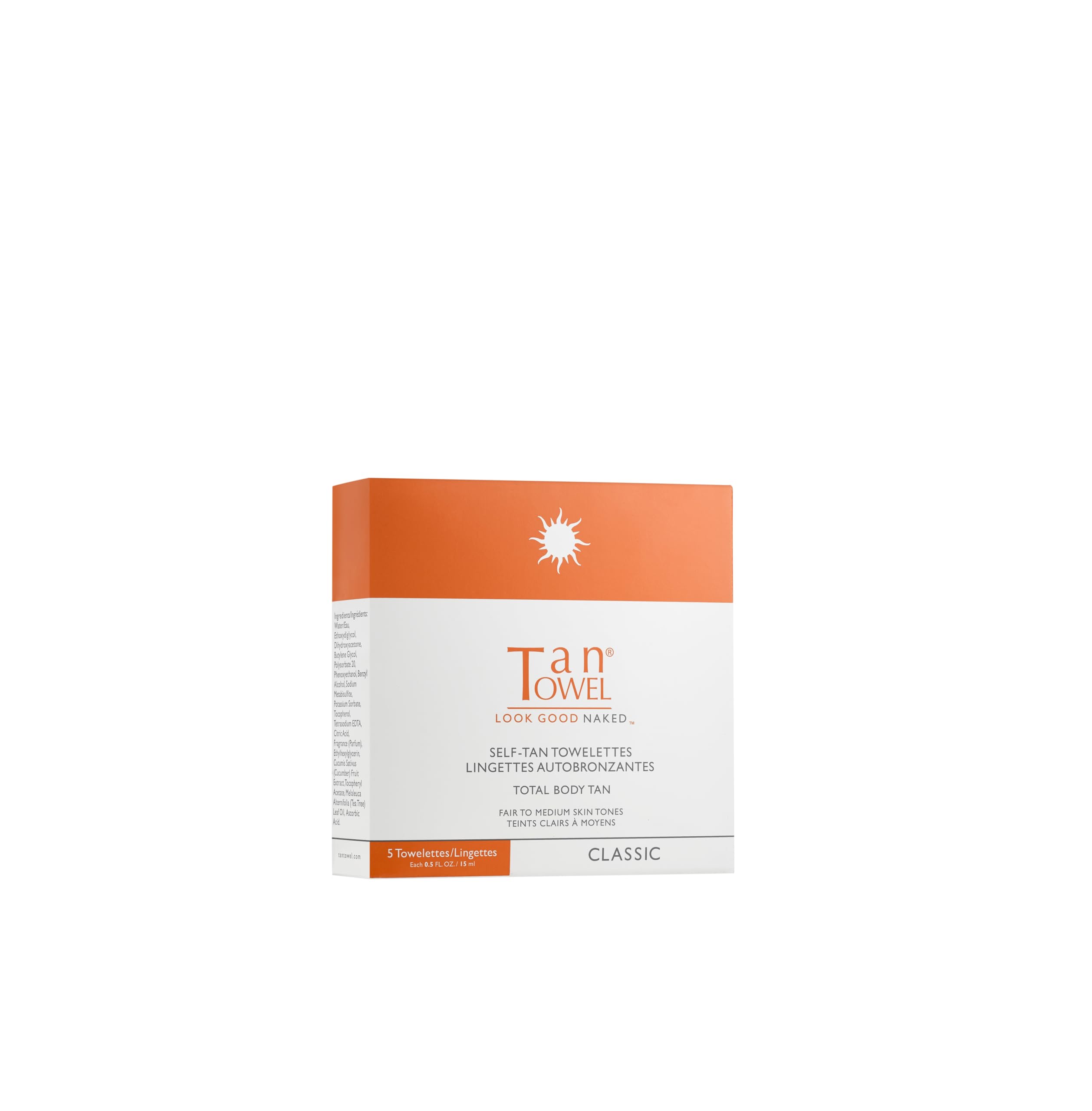 Tan Towel front box showing product pack and benefits for easy tanning