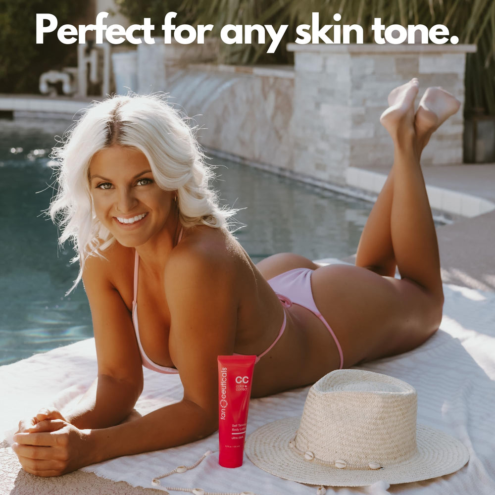 Model with Tanceuticals on beach showing natural bronze glow benefit