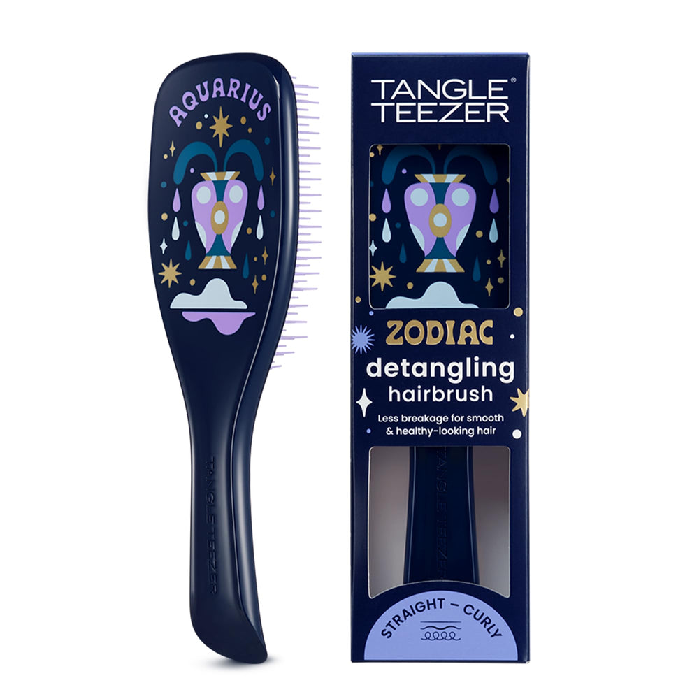 TANGLE TEEZER Aquarius front view showing ergonomic shape and zodiac artwork for easy grip