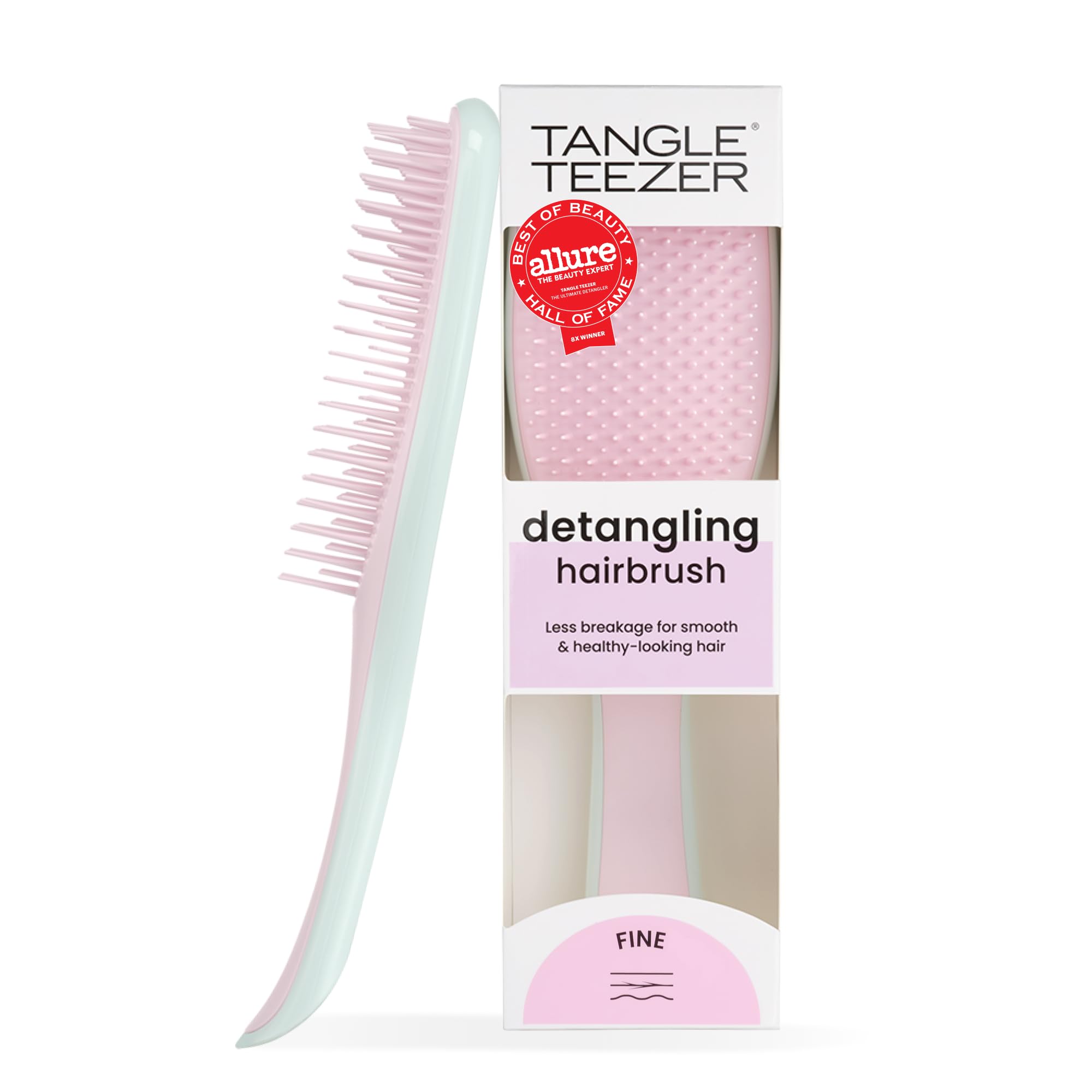 TANGLE TEEZER front view in pink and mint showing compact design and gentle detangling