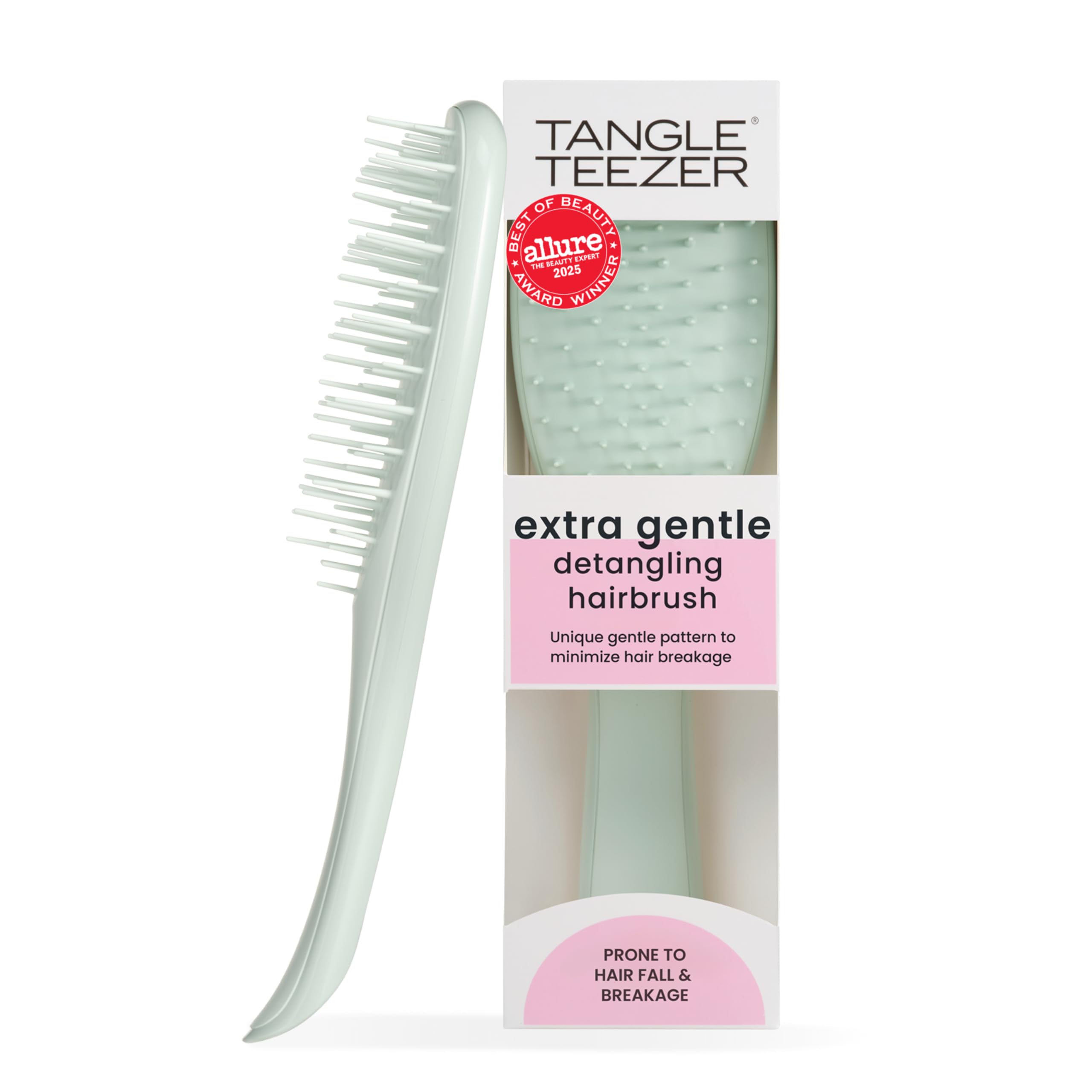 TANGLE TEEZER front packaging in eucalyptus green showing compact design and portability benefits