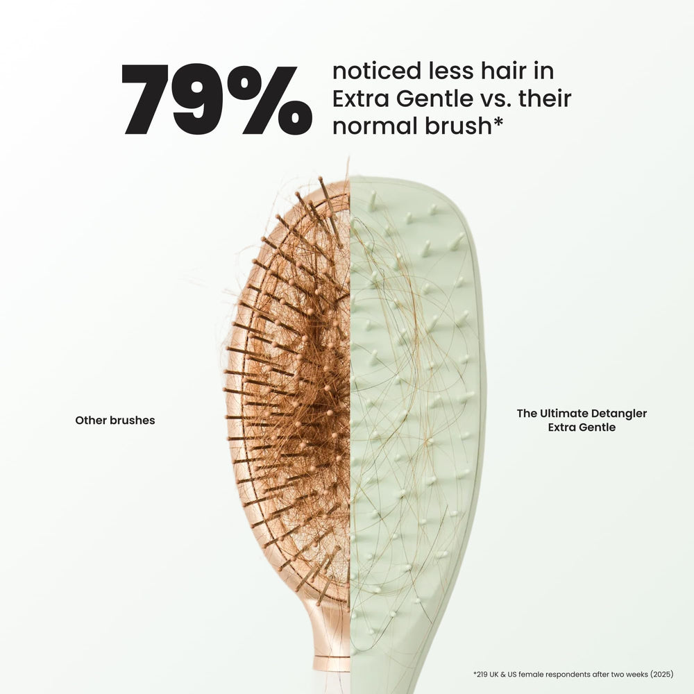 TANGLE TEEZER pictured in hand for scale showing easy travel convenience