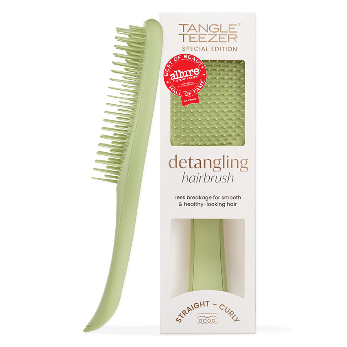 TANGLE TEEZER front view showing matte olive finish and compact shape, easy handling benefit
