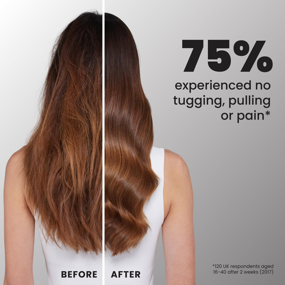 TANGLE TEEZER next to hand illustrating size and comfortable handling benefit