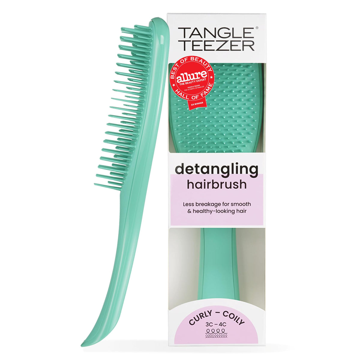 Tangle Teezer front view showing compact aqua brush and easy grip benefit
