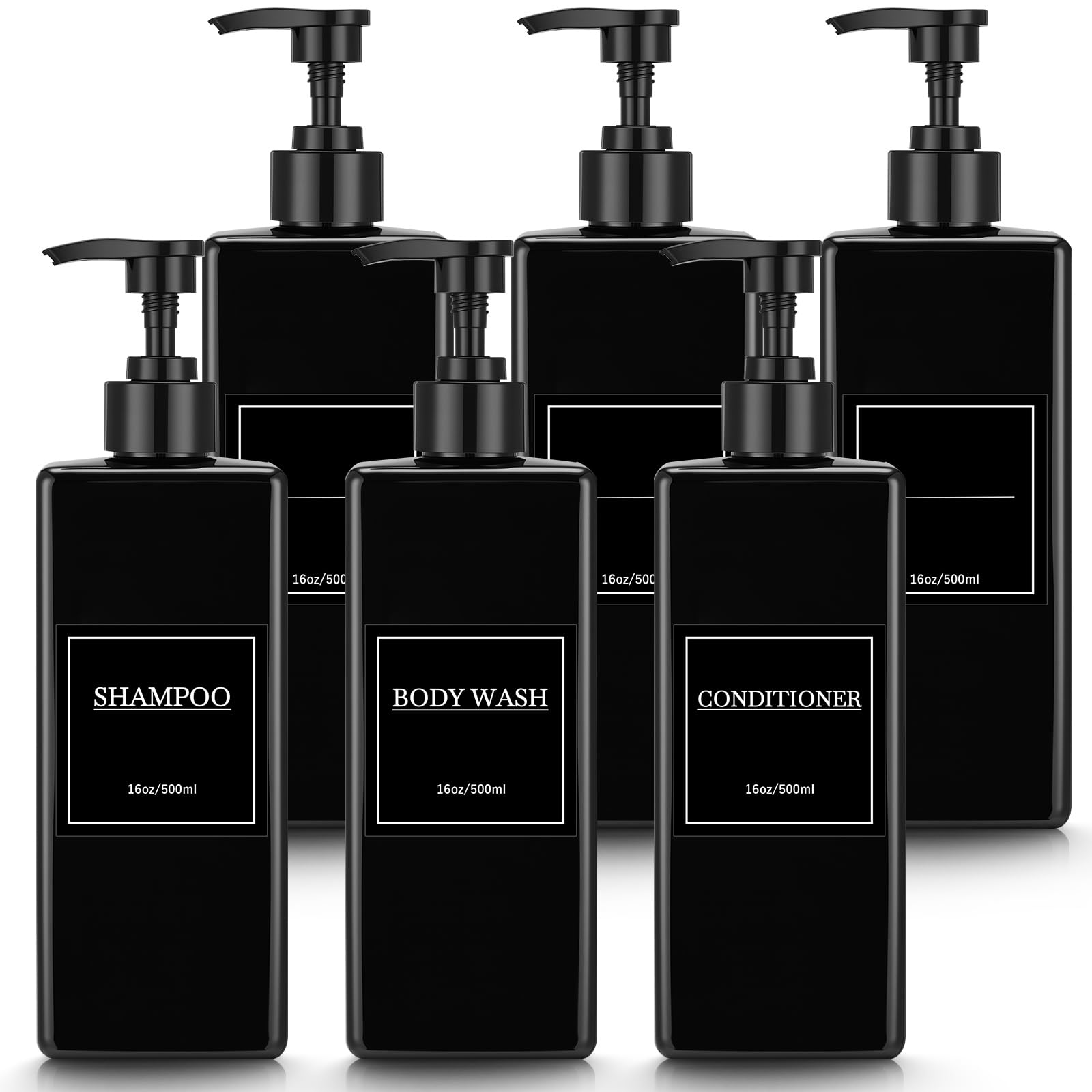 Tanlade front view of six black pump bottles showing sleek organized look