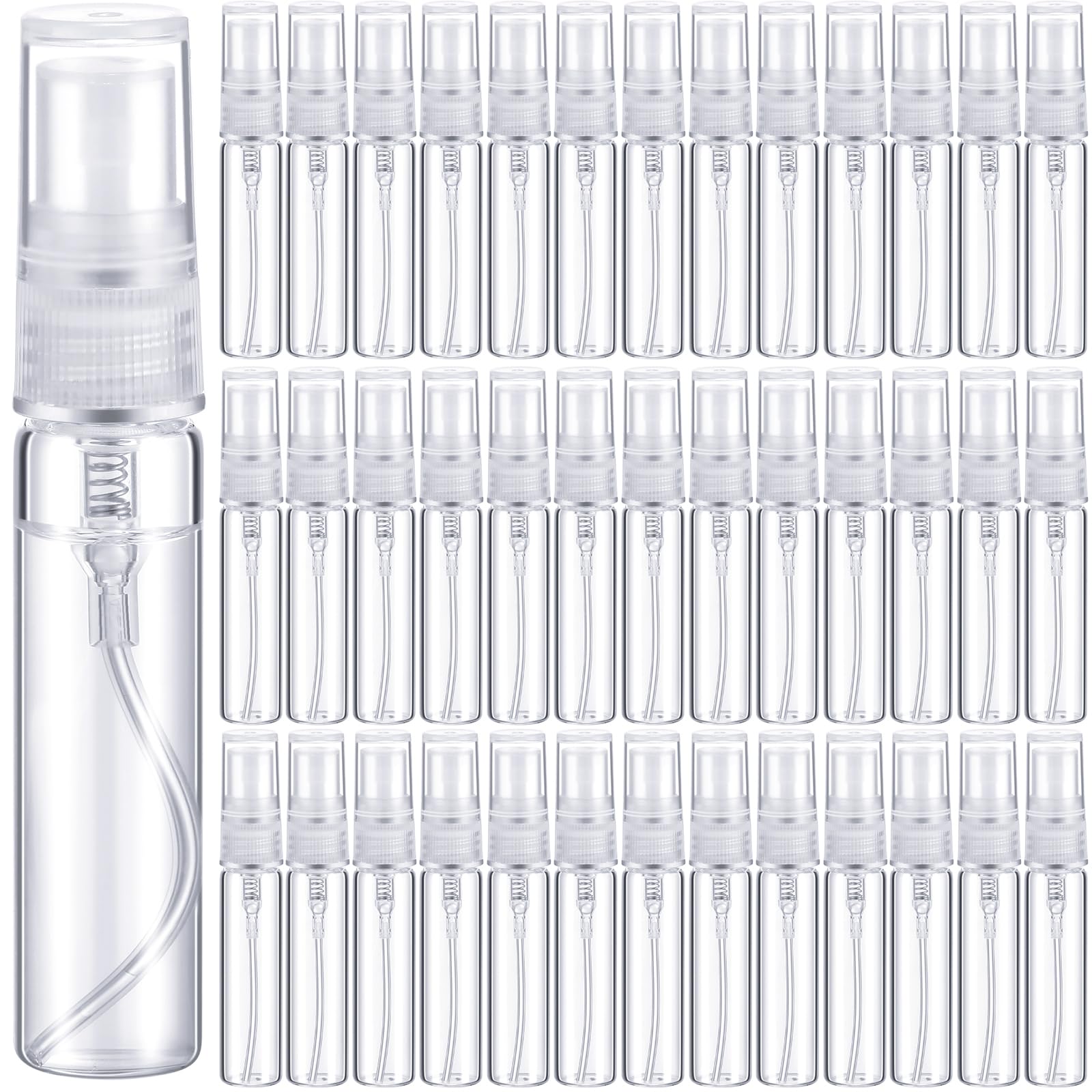 Tanlade front view of 300 clear 5ml spray bottles showing bulk convenience