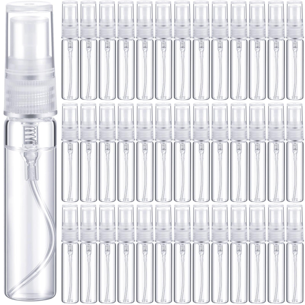 Tanlade front view of 300 clear 5ml spray bottles showing bulk convenience