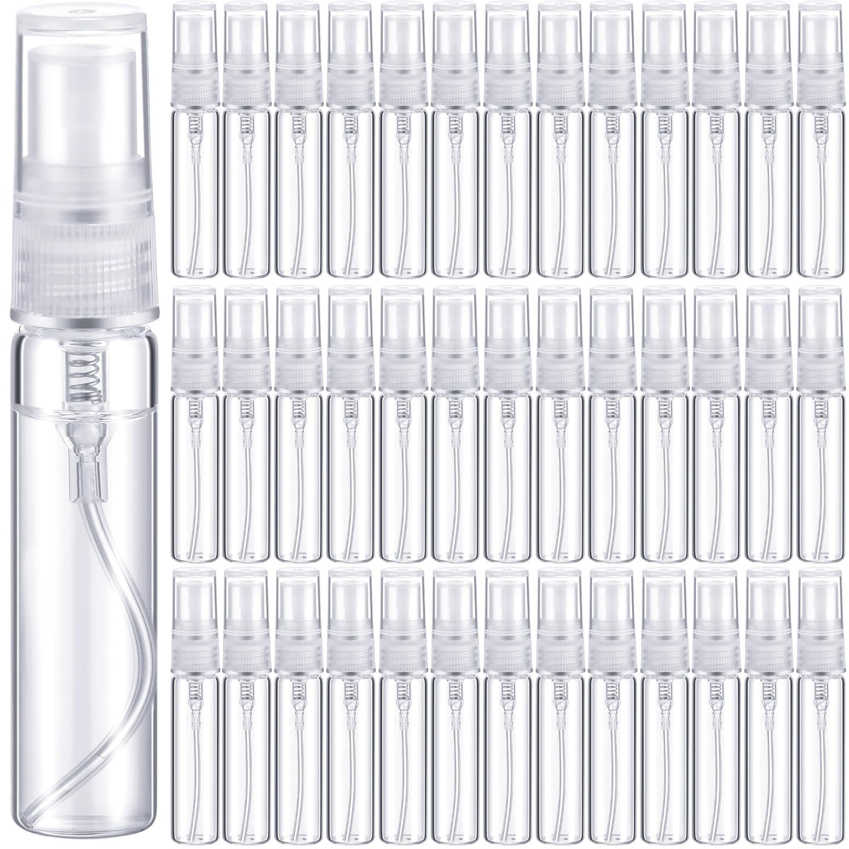 Tanlade front view of 300 clear 5ml spray bottles showing bulk convenience