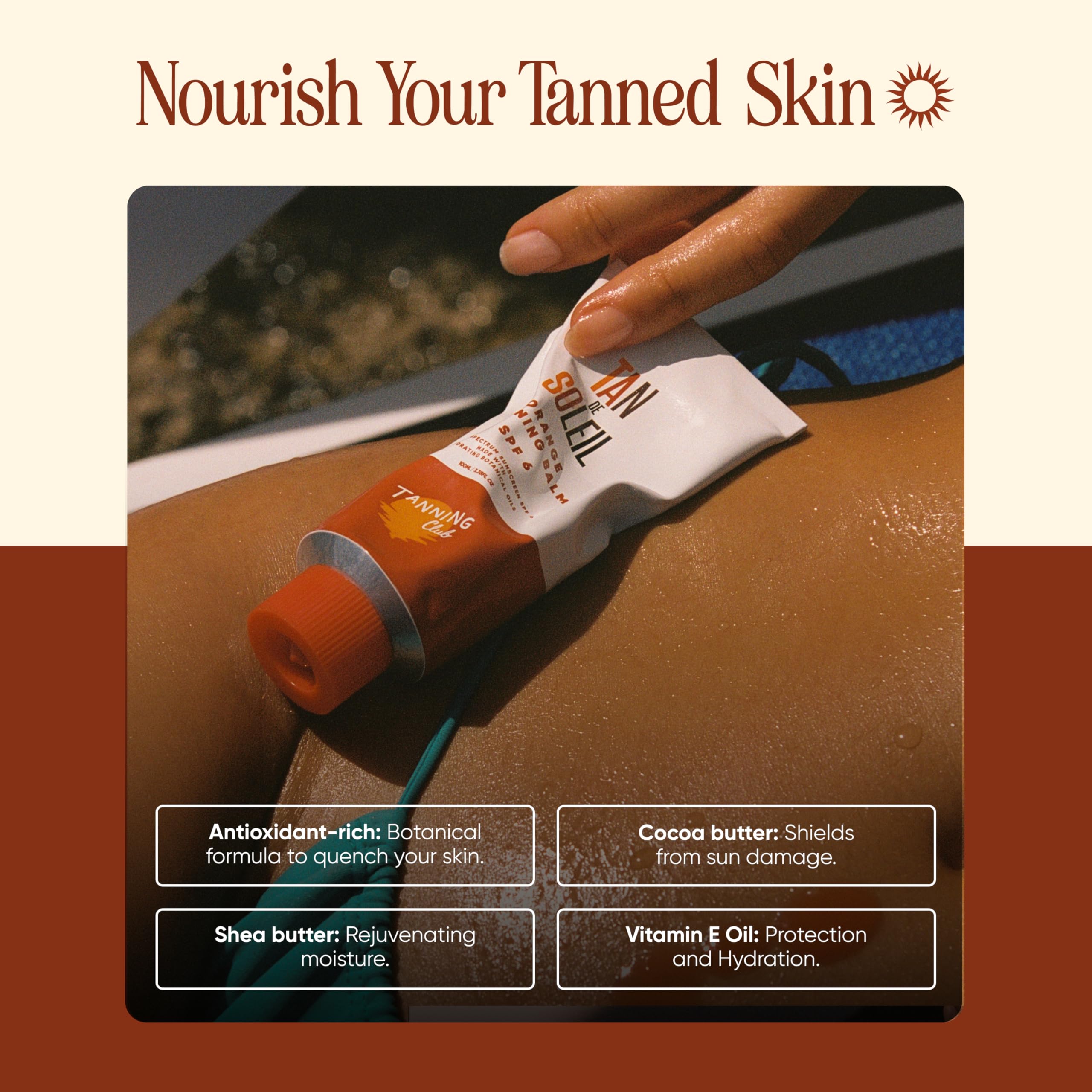 Tanning Club ingredients label close-up showing shea, cocoa butter, vitamin E benefits