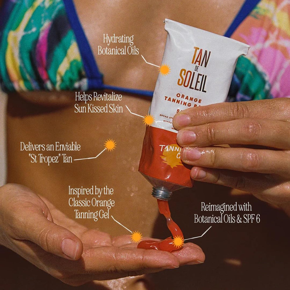 Tanning Club 100 ml bottle next to sunglasses indicating travel-friendly size