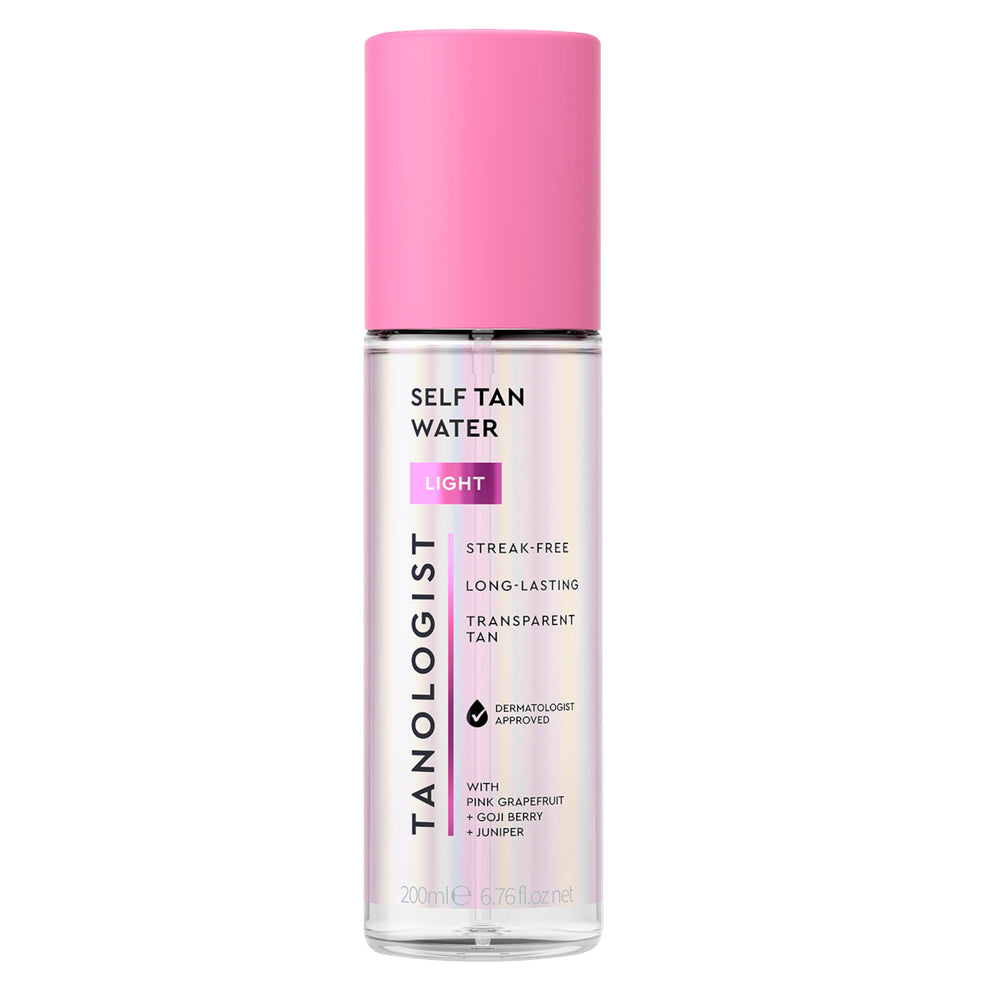 Tanologist front bottle showing clear tanning mist and clean packaging benefit