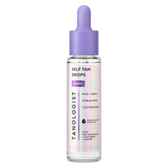 Tanologist dark self-tan drops front bottle showing packaging and benefit of customizable glow