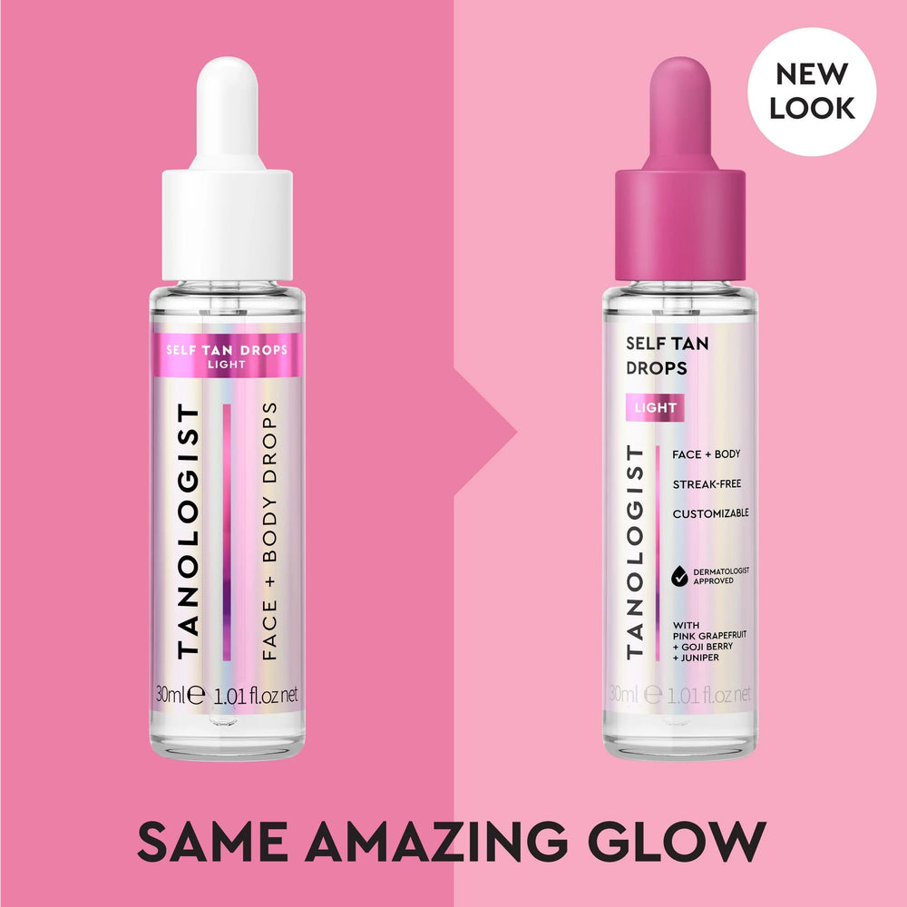 Tanologist dropper close-up dispensing a single drop for precise, customizable tanning control