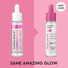 Tanologist dropper close-up dispensing a single drop for precise, customizable tanning control