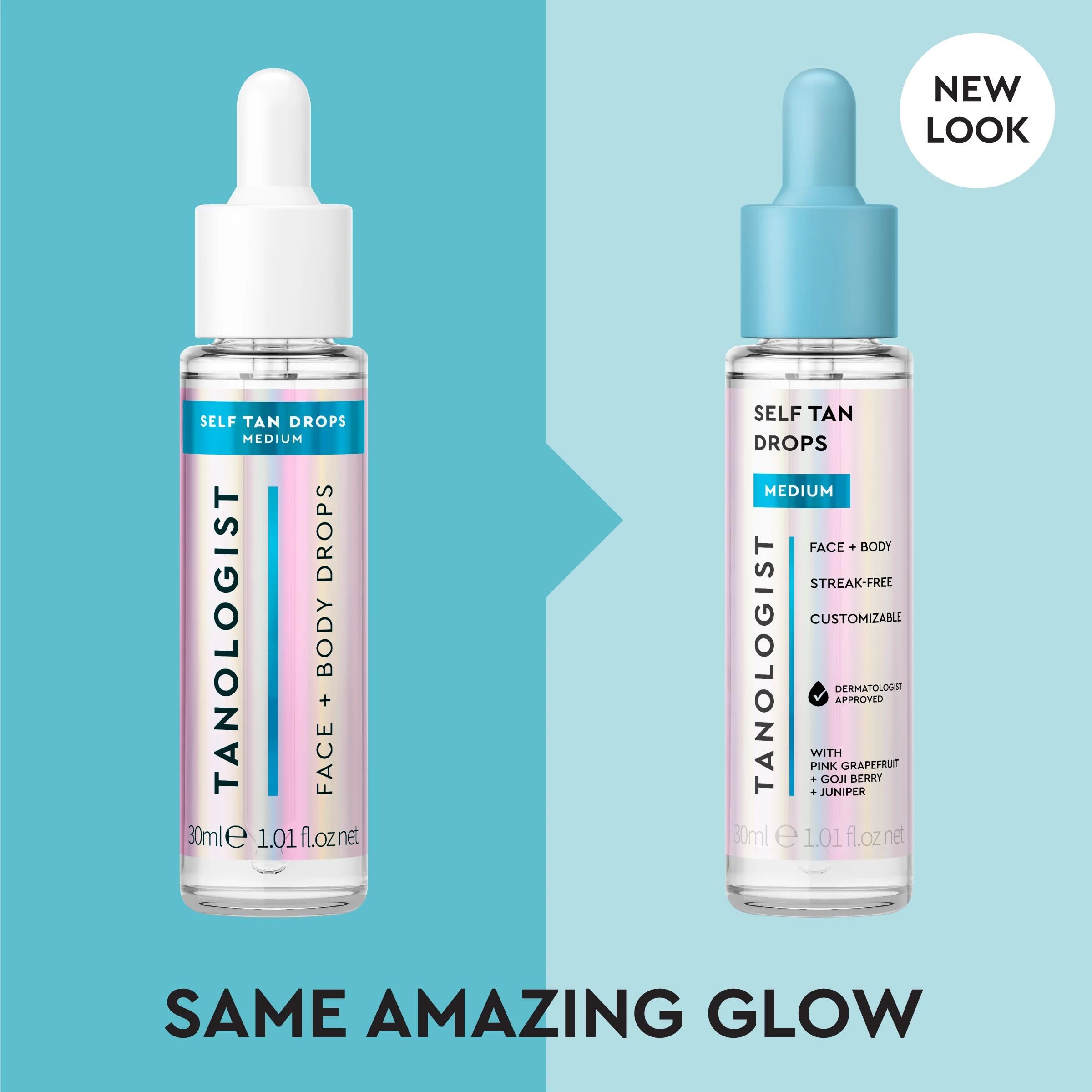 Tanologist dropper close-up dispensing a single precise drop for controlled tanning