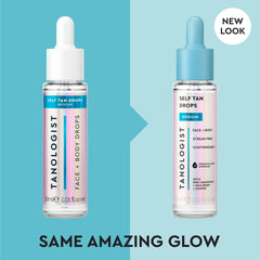 Tanologist dropper close-up dispensing a single precise drop for controlled tanning