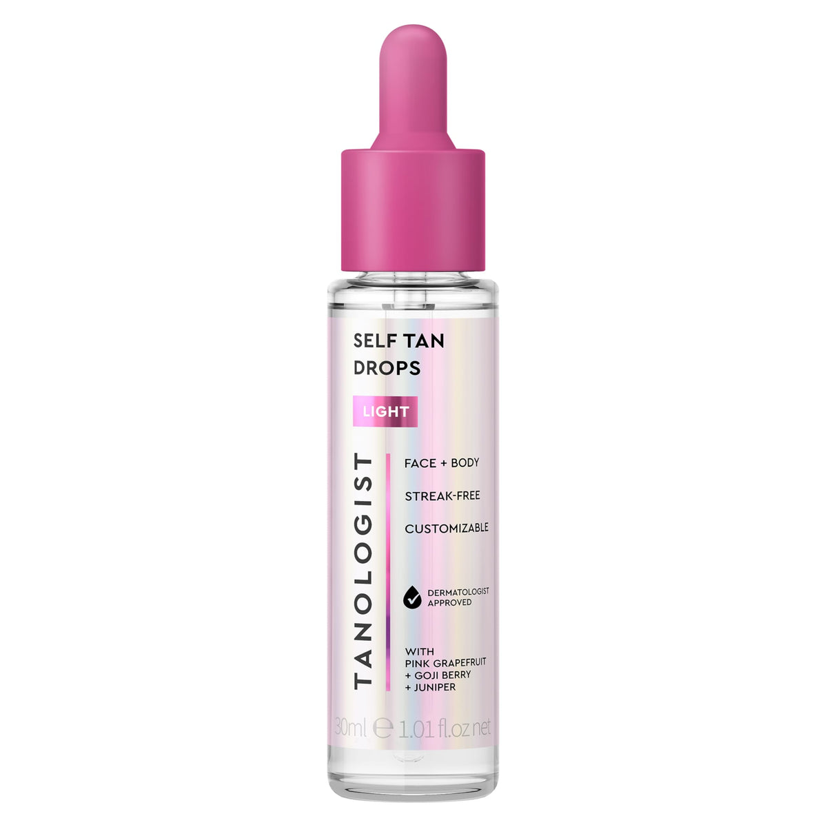 Tanologist front bottle showing clear tanning drops and product branding for easy identification