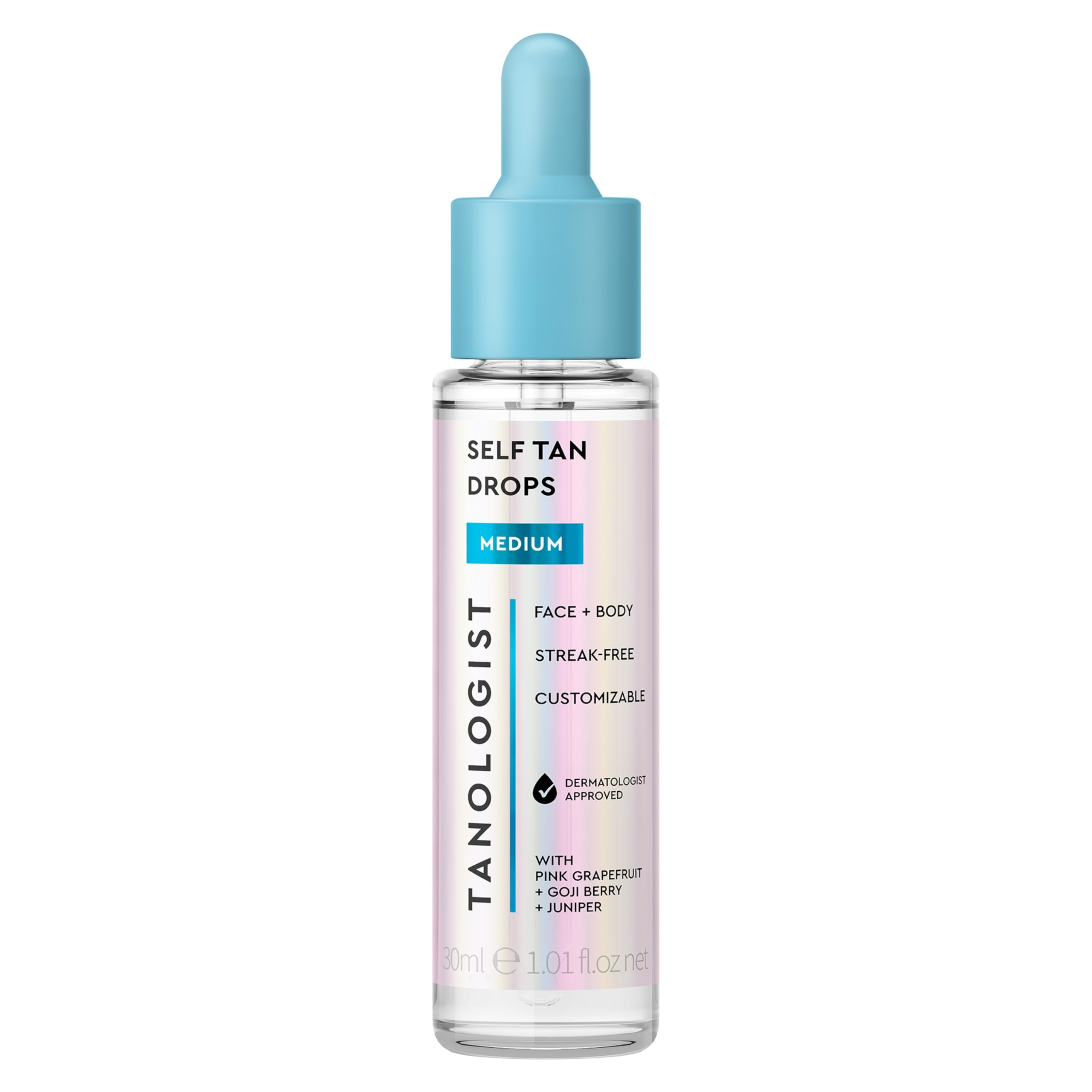 Tanologist medium drops front packaging showing product and size, clear and convenient