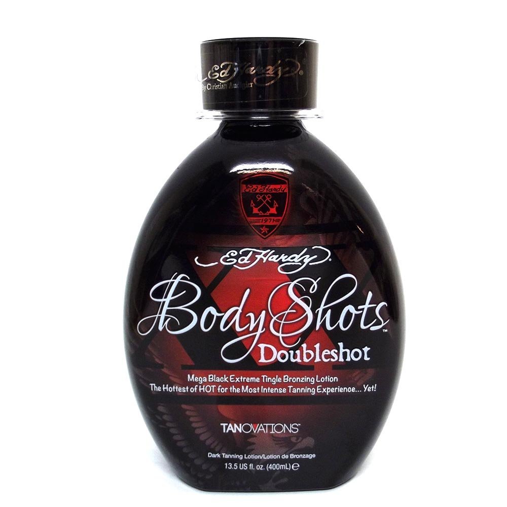 Tanovations Ed Hardy front bottle shot showing label and strong bronzing benefit