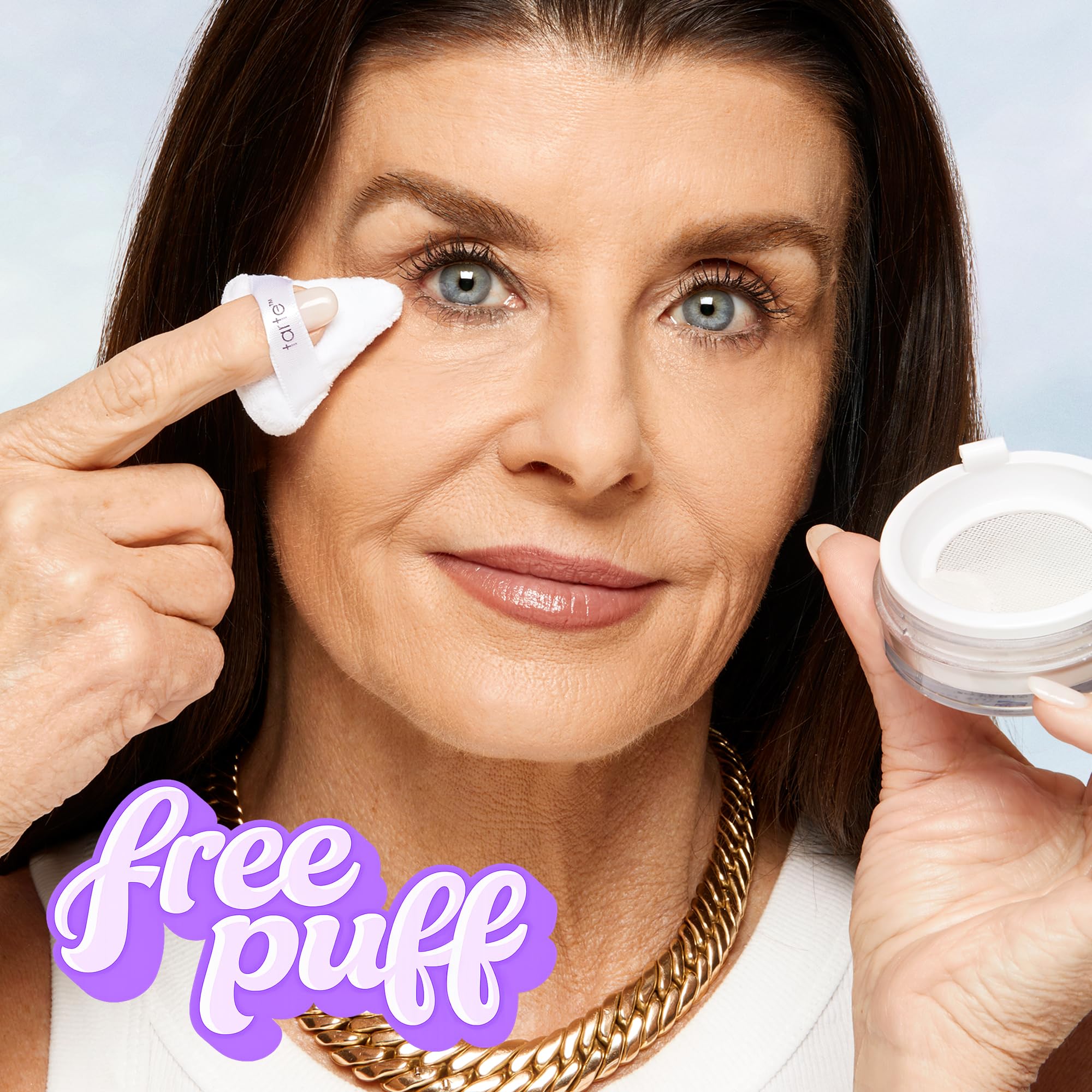 tarte creaseless setting powder inside makeup bag in lifestyle scene, travel-ready convenience benefit