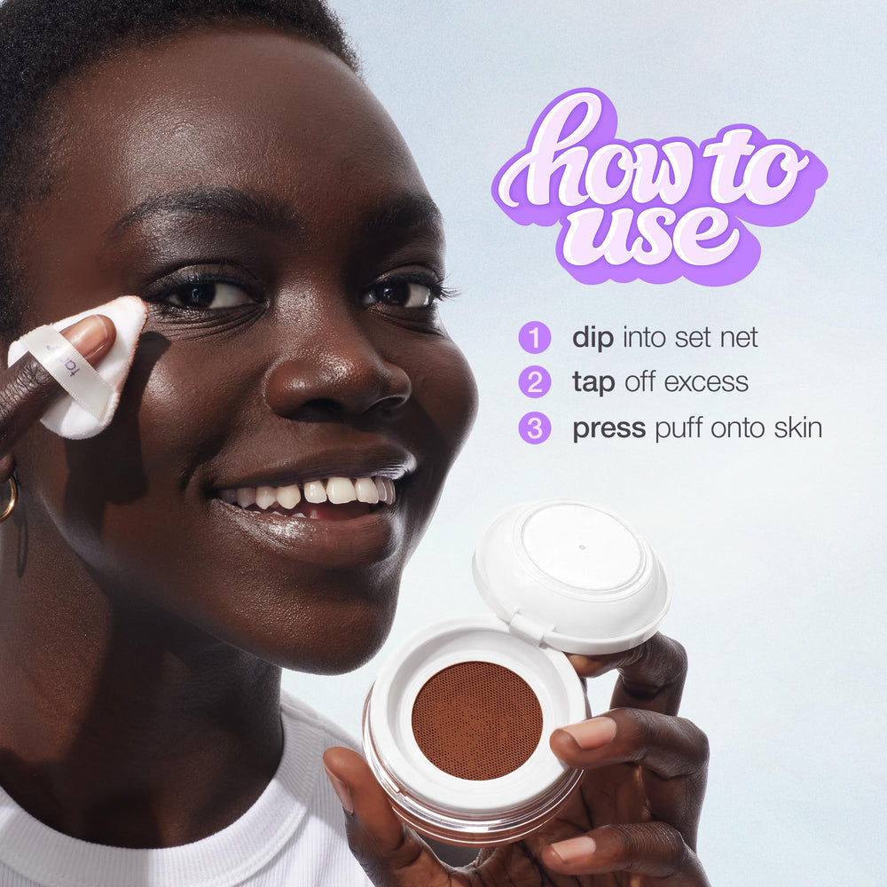 tarte creaseless setting powder swatches on arm showing pink shade payoff, accurate color match benefit