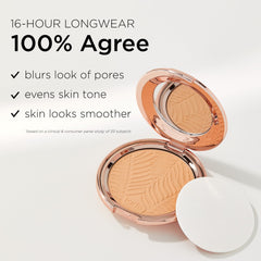 tarte model applying powder to cheek demonstrating pore-blurring effect and matte finish