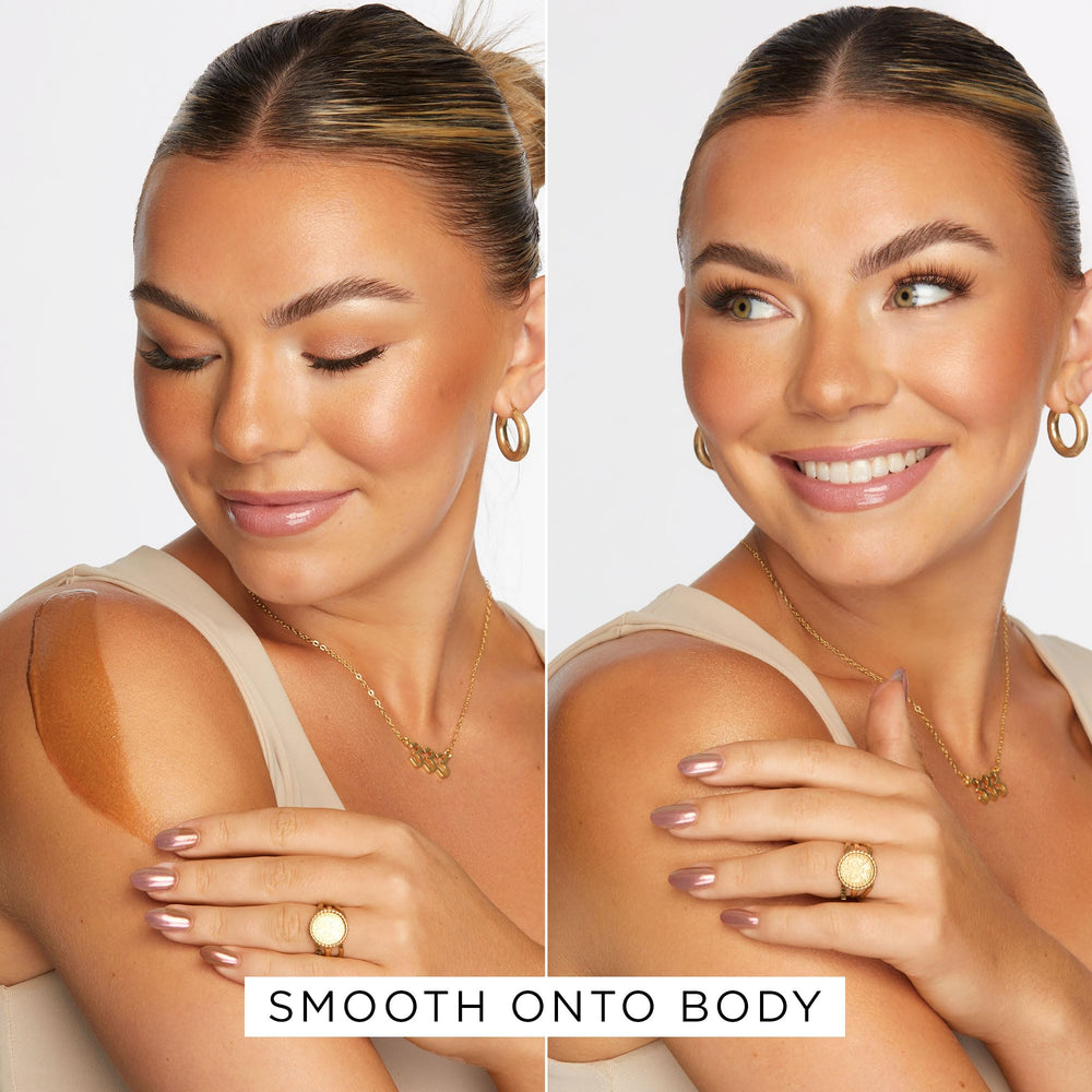 tarte spread on shoulder showing body glow and lightweight hydration
