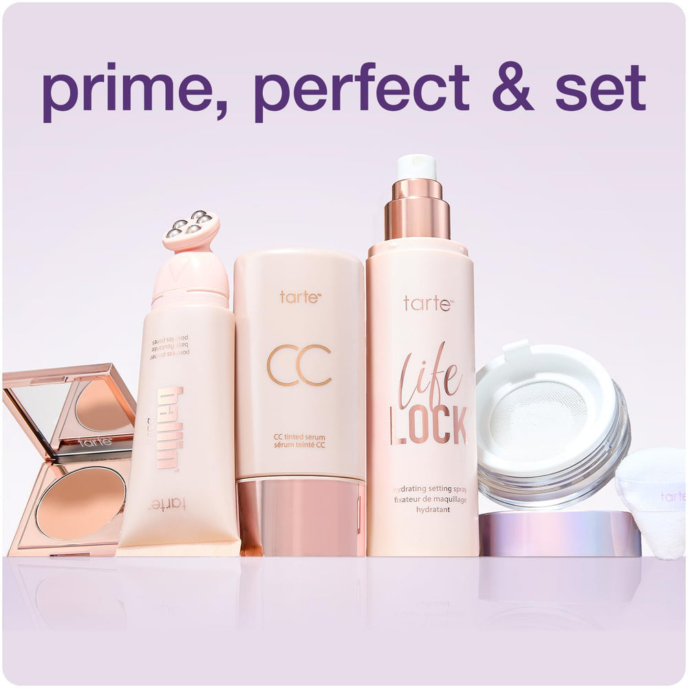 tarte Life Lock styled in a bag and vanity scene for everyday convenience
