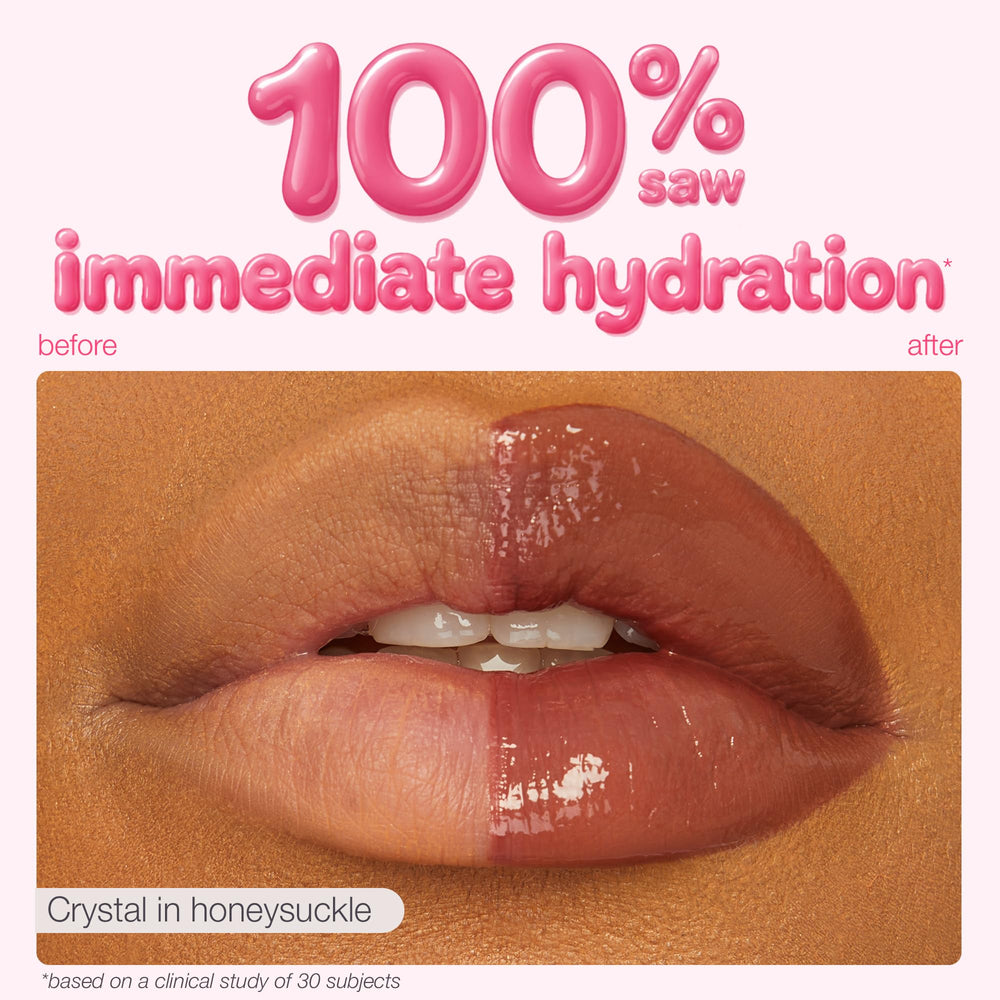 tarte on-model lips in white peach showing plumper, moisturized appearance