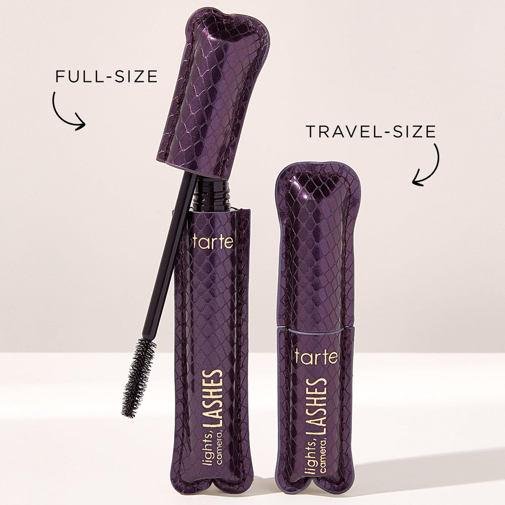 tarte product flatlay with makeup bag suggesting travel-friendly, everyday use
