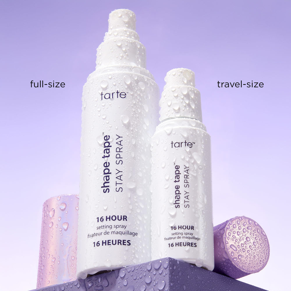 tarte spray being applied over finished makeup showing longer wear benefit