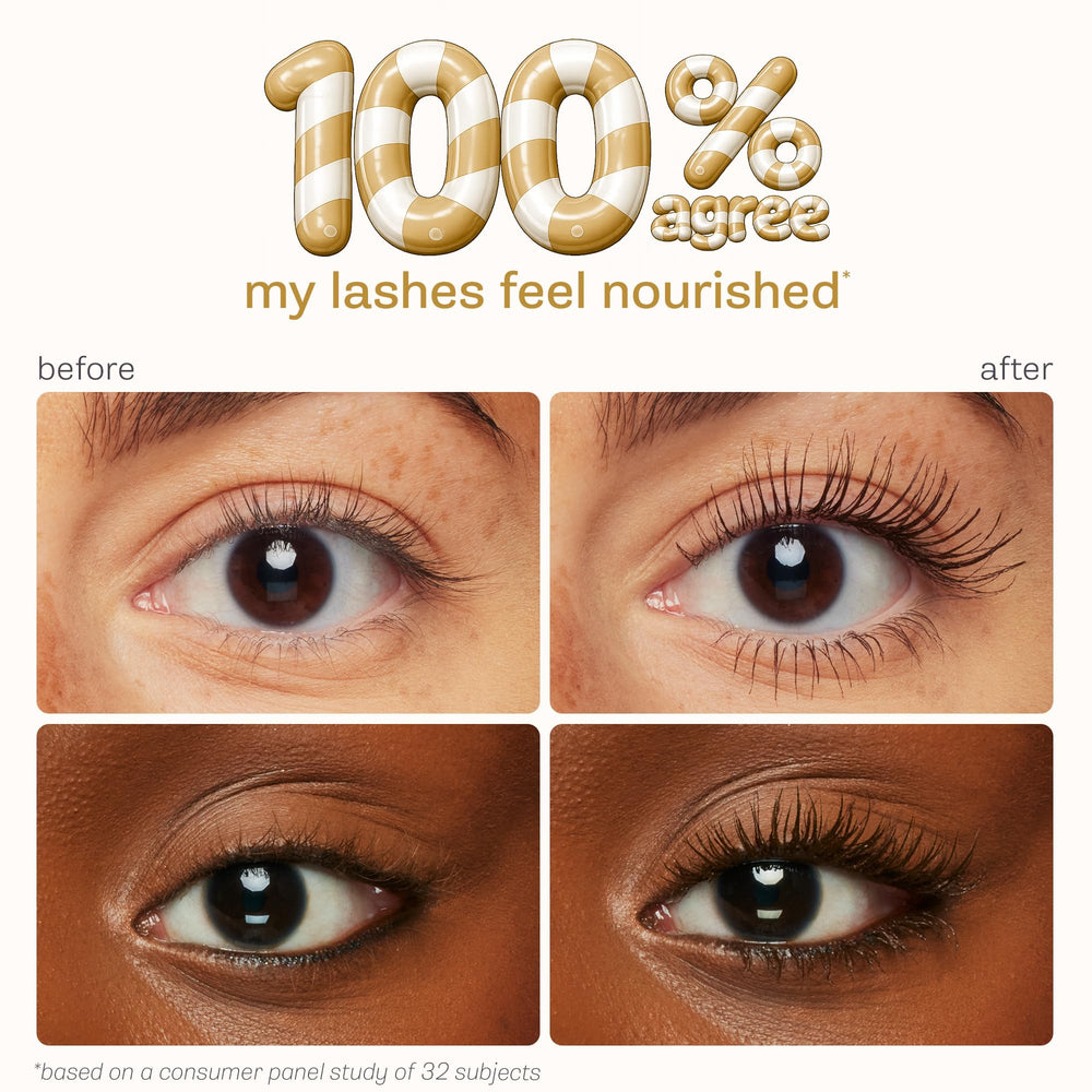 tarte brown mascara swatches on white showing rich pigment and buildable coverage