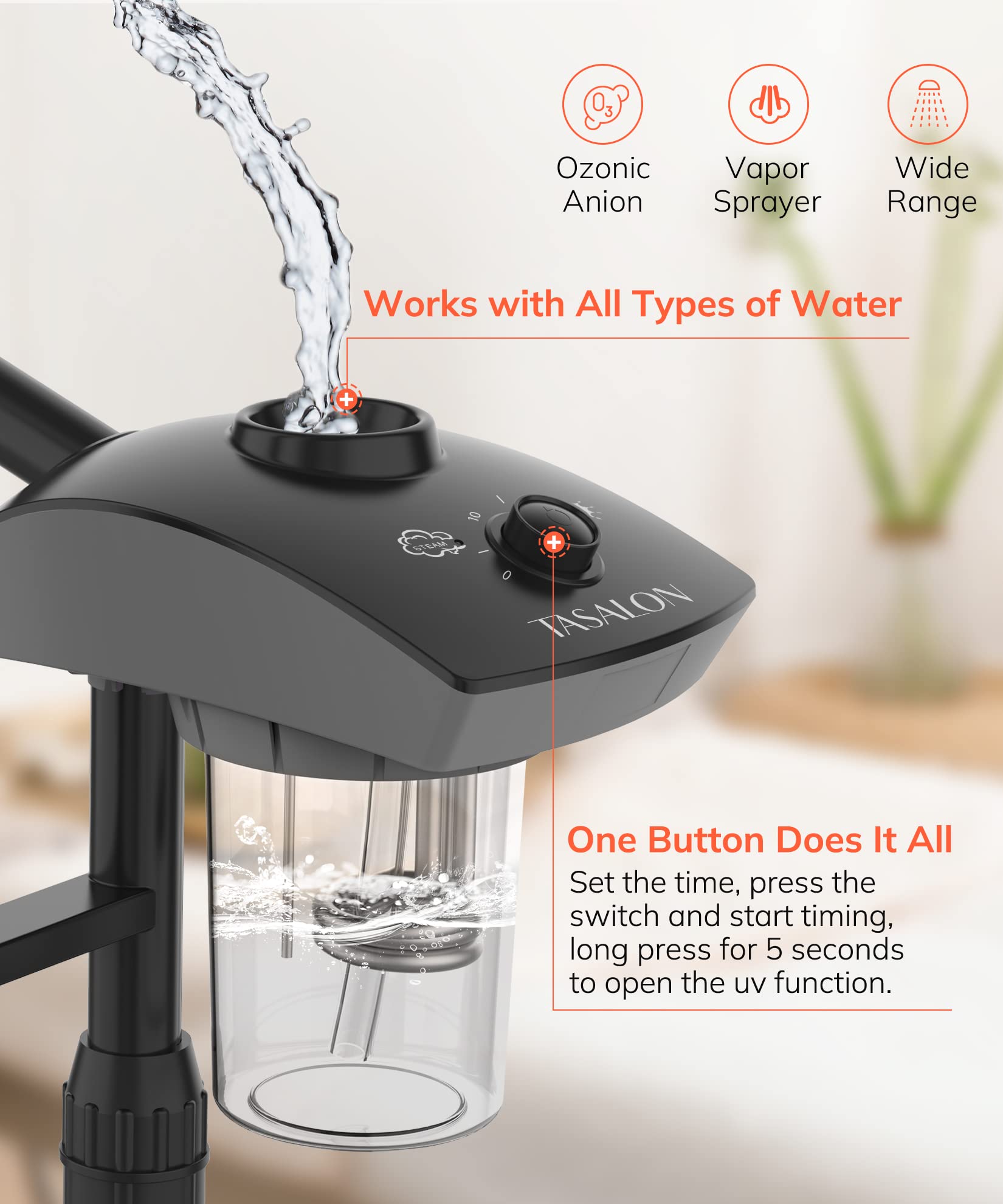 TASALON steam and aroma nozzle detail producing gentle vapor, customizable scent