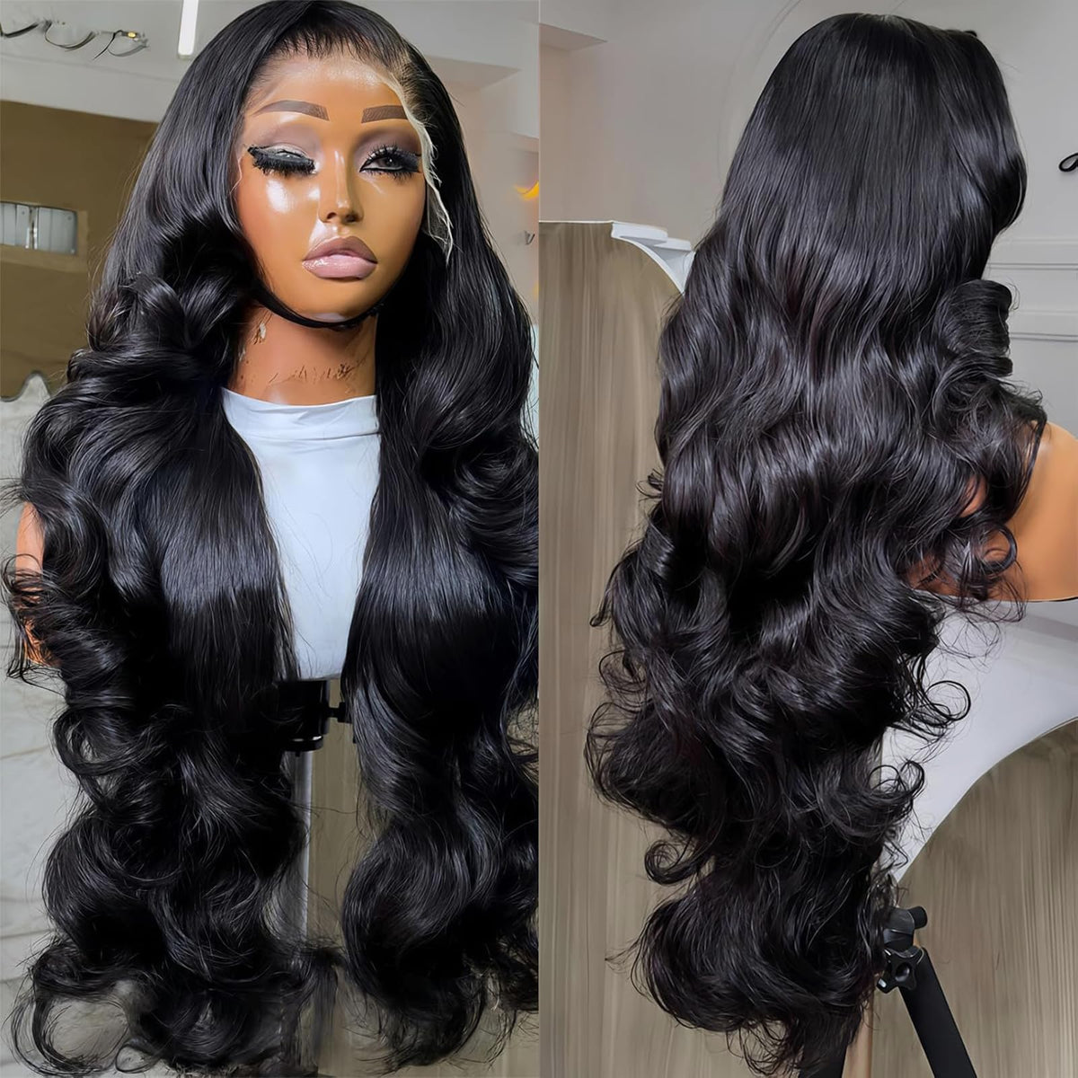 TATALING front view of jet black wig showing natural hairline and full waves benefit: instant polished look