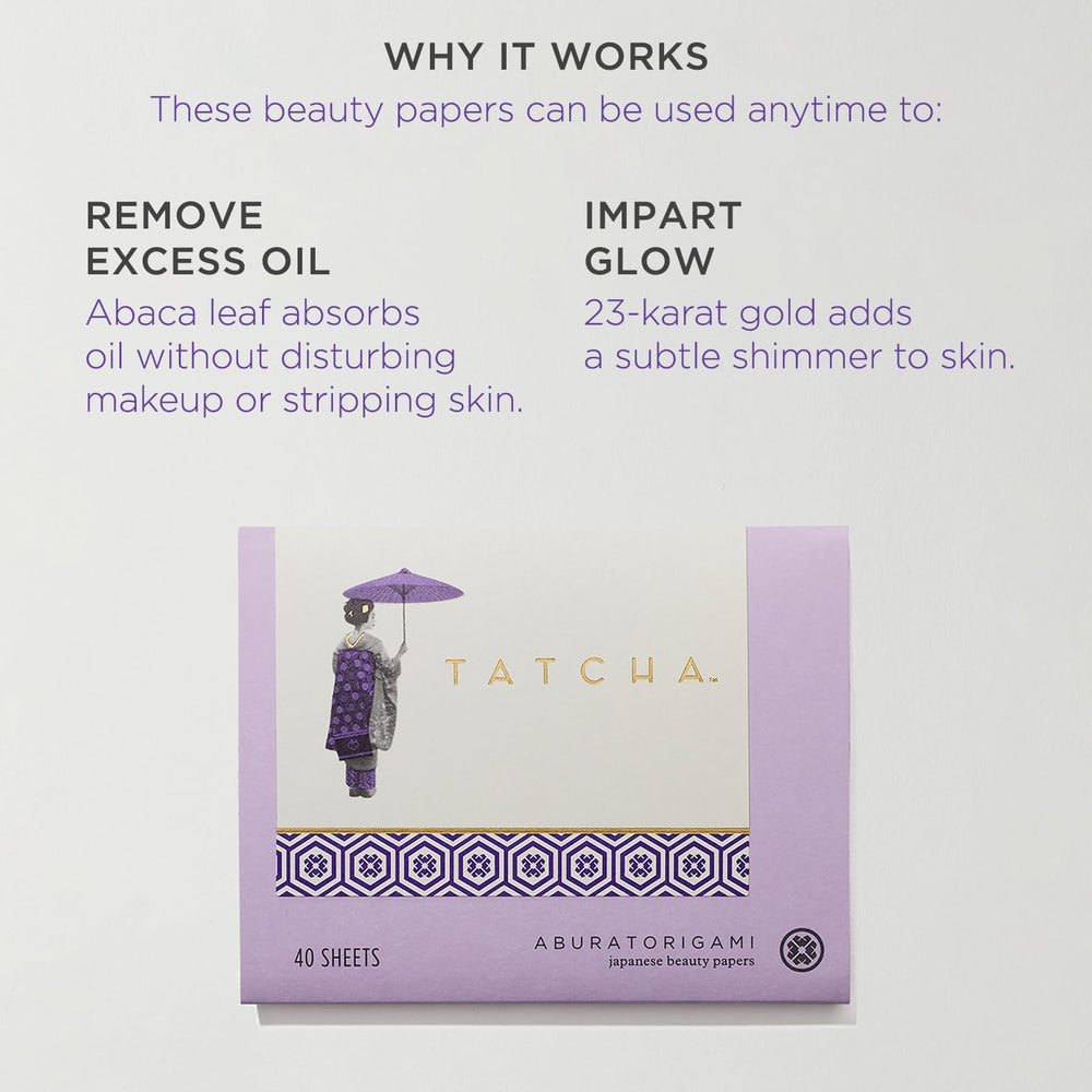 TATCHA blotting paper applied to T-zone demonstrating quick oil removal and makeup preservation