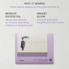 TATCHA blotting paper applied to T-zone demonstrating quick oil removal and makeup preservation