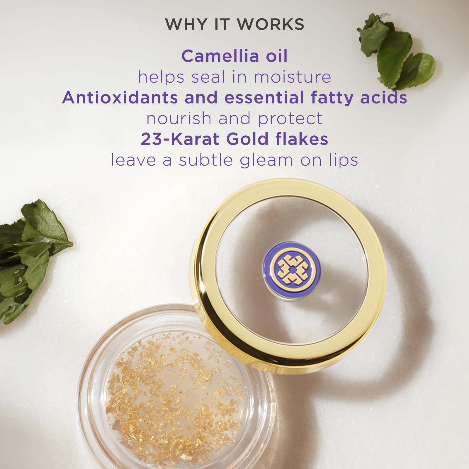 TATCHA balm applied on lips demonstrating sheer luminous glow and instant moisturization