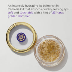 TATCHA close-up of balm texture with gold flakes, shows rich melt-in finish for soft lips