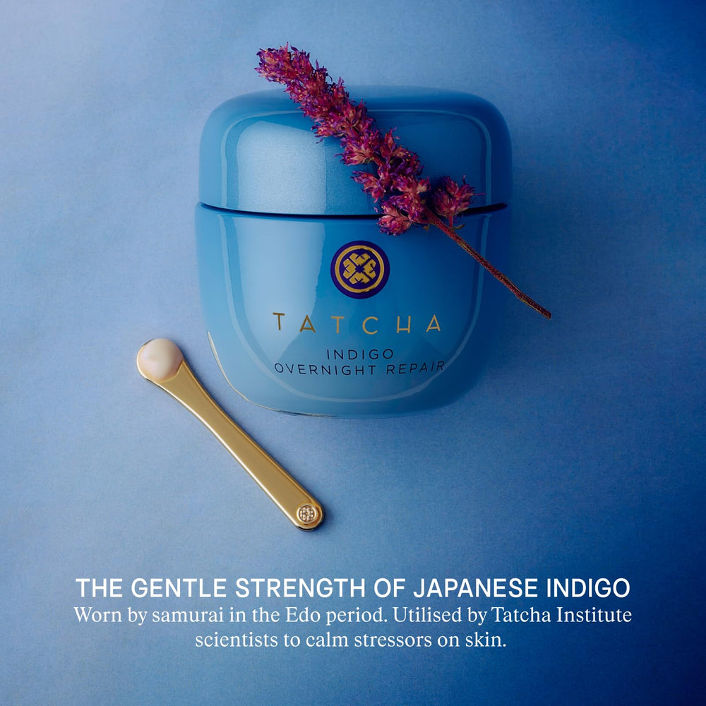 TATCHA on bedroom shelf in lifestyle scene promoting restful skincare ritual
