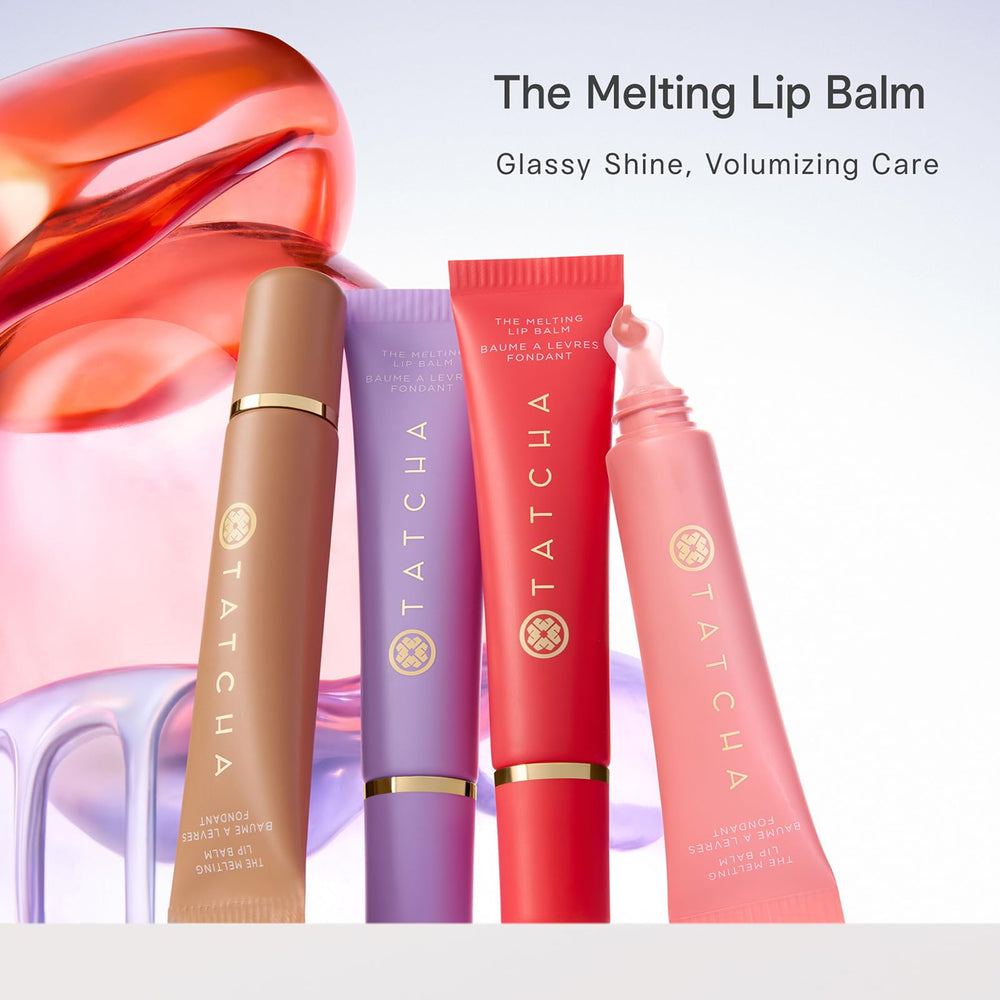 TATCHA glossy finish reflecting light to show hydrated, luminous lips