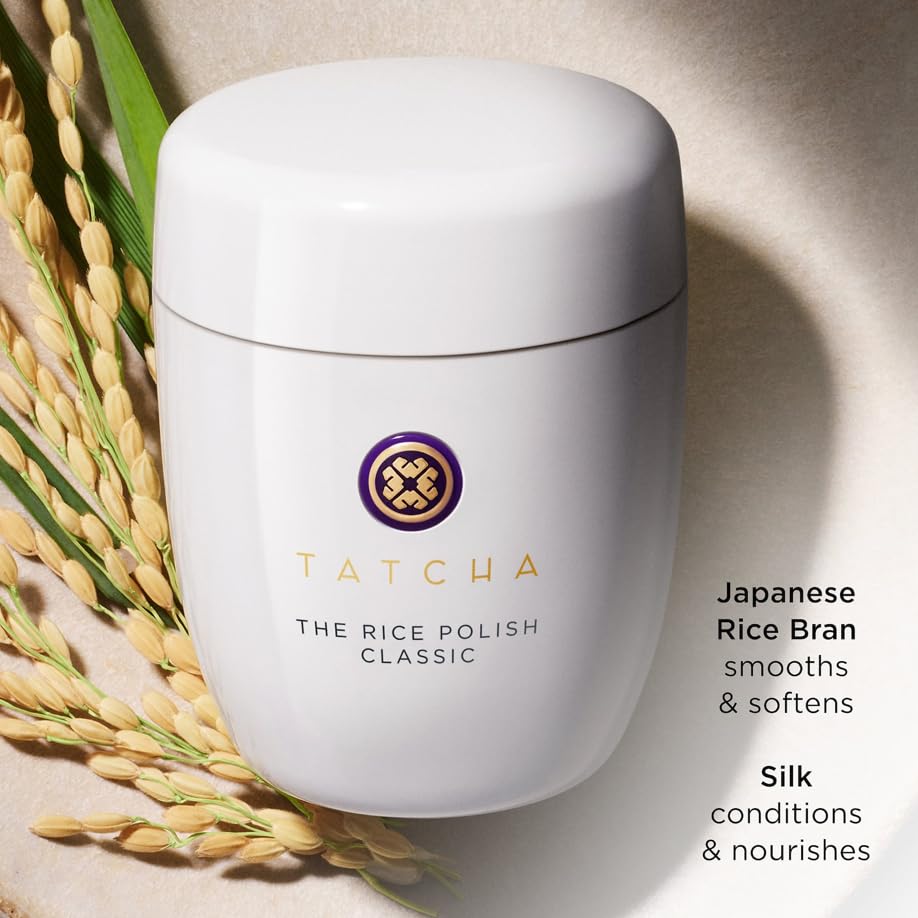 TATCHA with rice bran ingredient display emphasizing nourishment and polishing